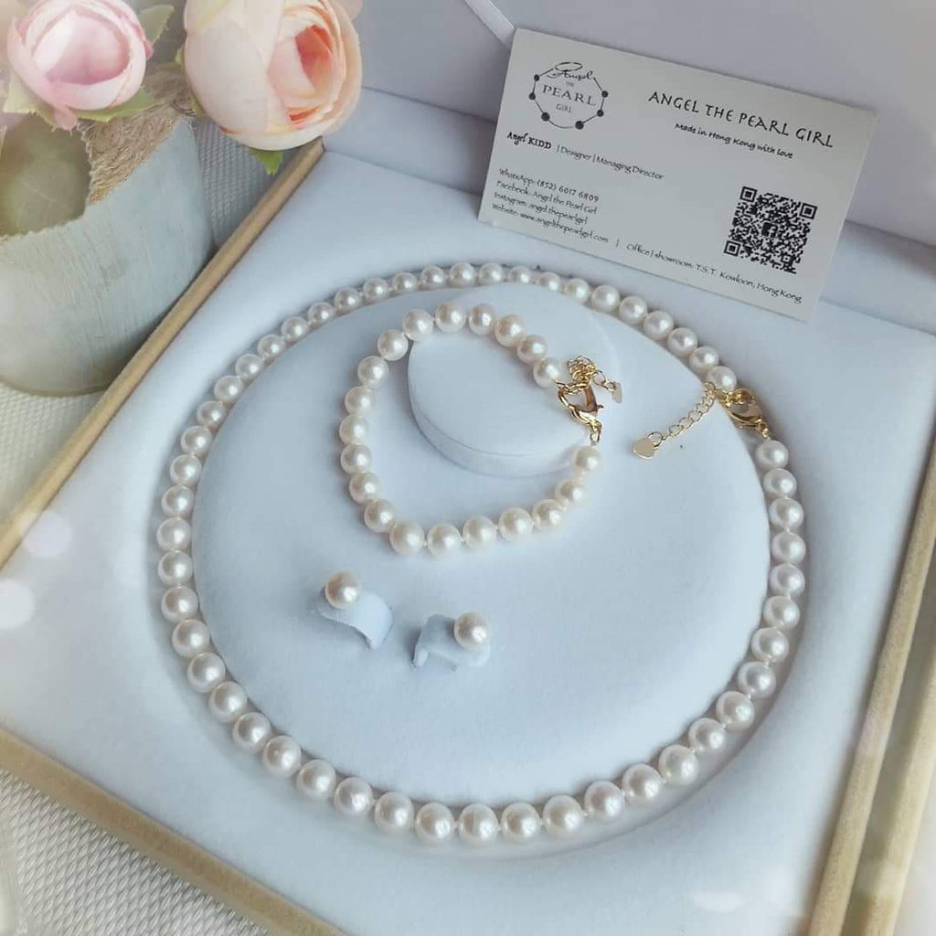 Classic Pearl Set 8-9mm (Necklace+Bracelete+Earring) for Mother's Day - Angel the Pearl Girl